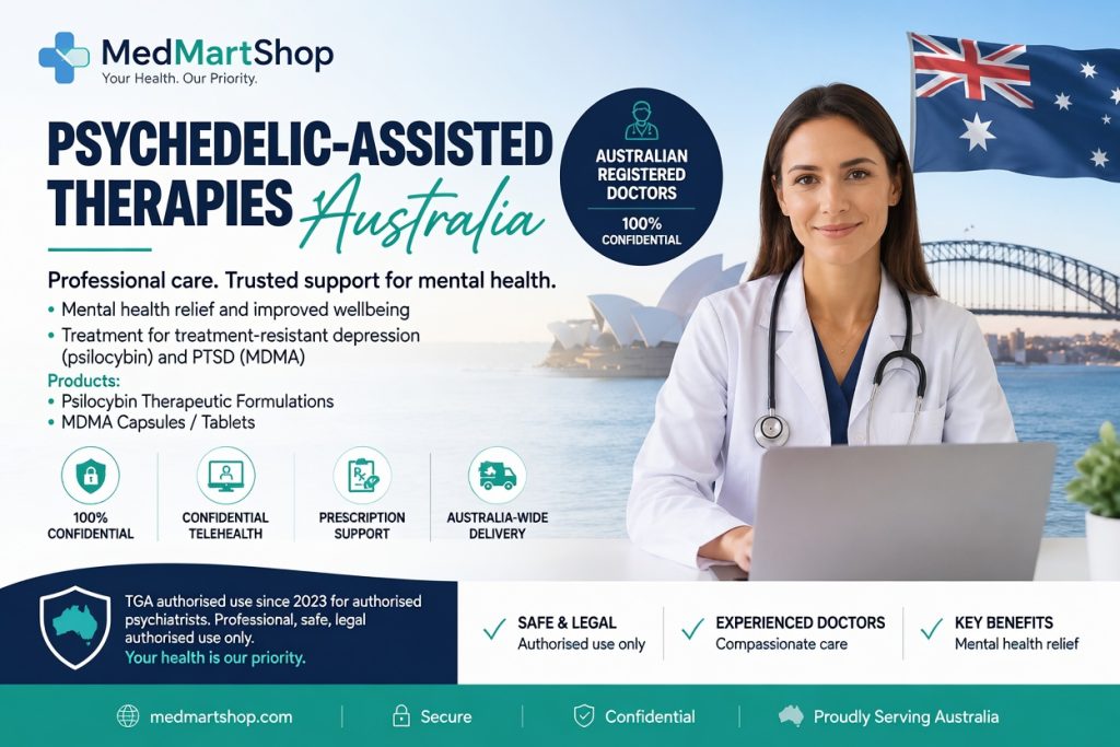 MedMartShop promotional poster for psychedelic-assisted therapies in Australia featuring psilocybin for treatment-resistant depression and MDMA for PTSD. TGA authorised professional mental health support with Australian doctor, Sydney landmarks, and confidential telehealth services.